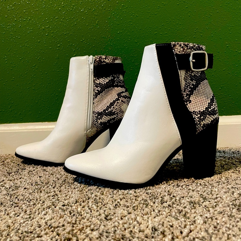 Justfab White Snake Print Booties